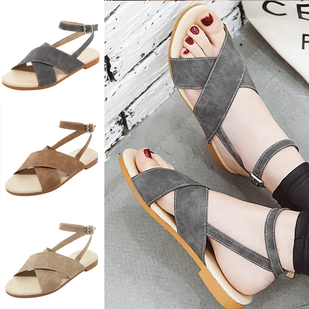 

Women Sandals Open Toe Flat Shoes Belt Buckle 2020 Summer Cross Strap Chunky Shoes Ladies Sandal Plus Size