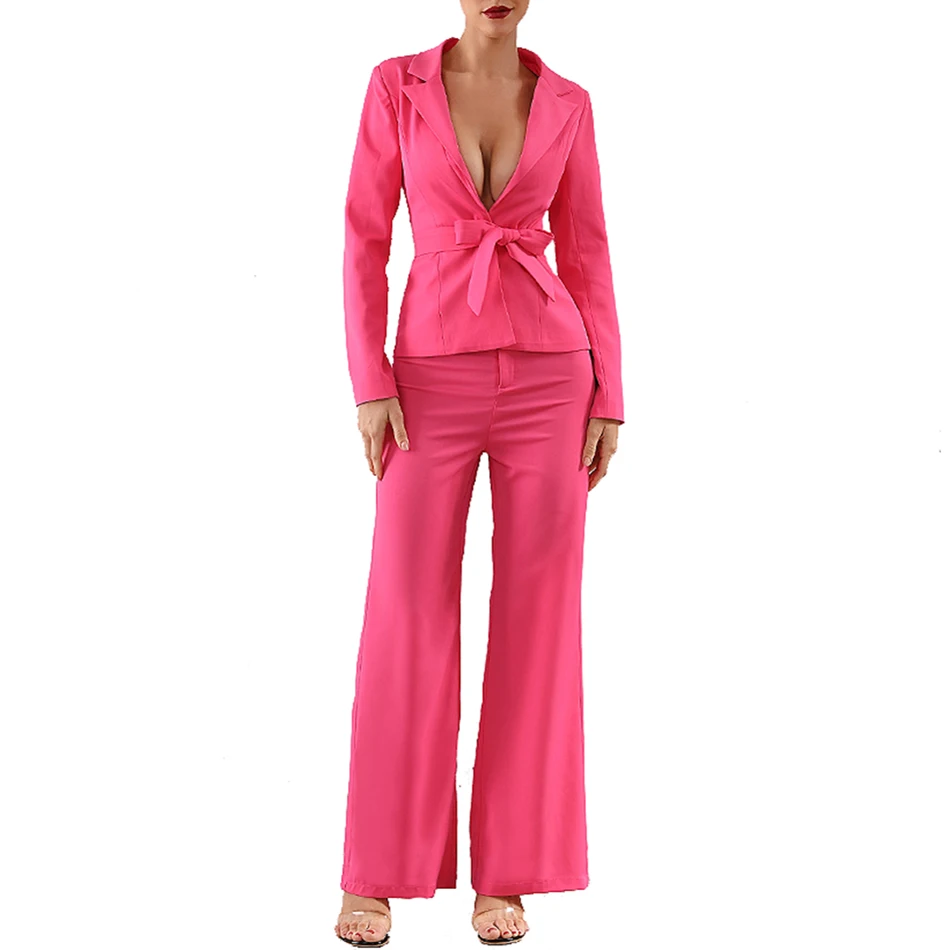 High quality 2019 autumn new women's set sexy rose red long-sleeved jacket &amp pants 2 two-piece office celebrity Evening party se |