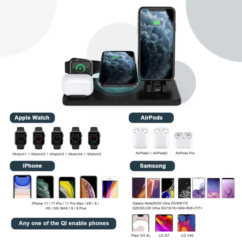 

15W Wireless Charger Quick Charge Stand For Mobile Phones Apple Watches 6 In1 Fast Charging Dock Station For iwatch Airpods