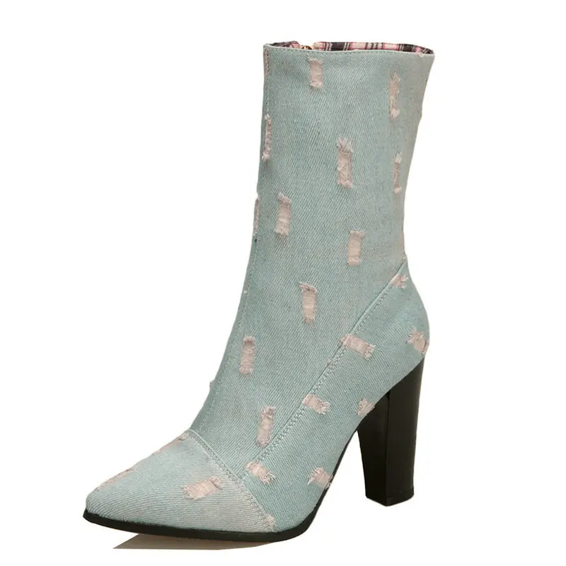 

2020 Fashion Denim Cloth Ankle Boots Women Zipper Square High Heel Short Boots Ladies Pointed Toe Autumn Winter Shoes Black Blue