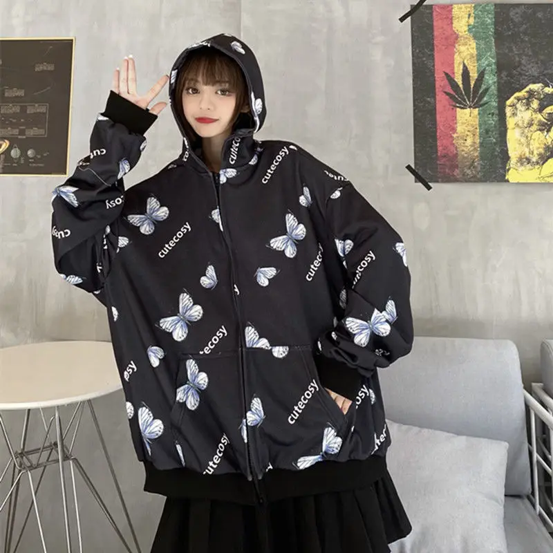 Летние Harajuku худи с бабочкой застежкой молнией Женская толстовка 2021 Весна Размеры