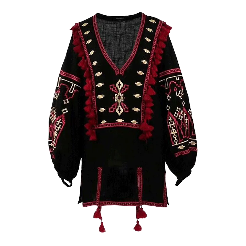 Boho Inspird женская блузка рубашка Ретро Народная украинская вышивка блузки в богемном стиле бахрома с кисточками Топ с длинным рукавом льняные блузы