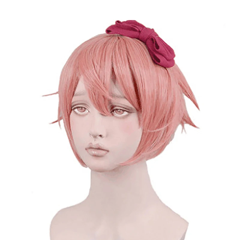 DDLC Doki Doki Literature Club Sayori Women Pink Short Wig Cosplay Costume Heat Resistant Synthetic Hair Wigs ( No Headwear )