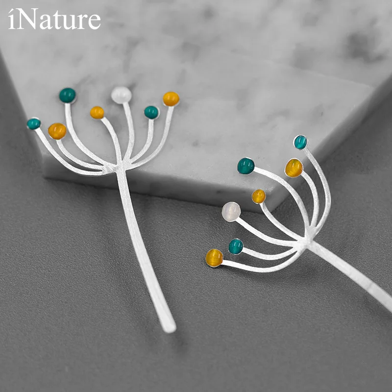 INATURE 925 пробы серебряные серьги из эпоксидной смолы с одуванчиком для женщин