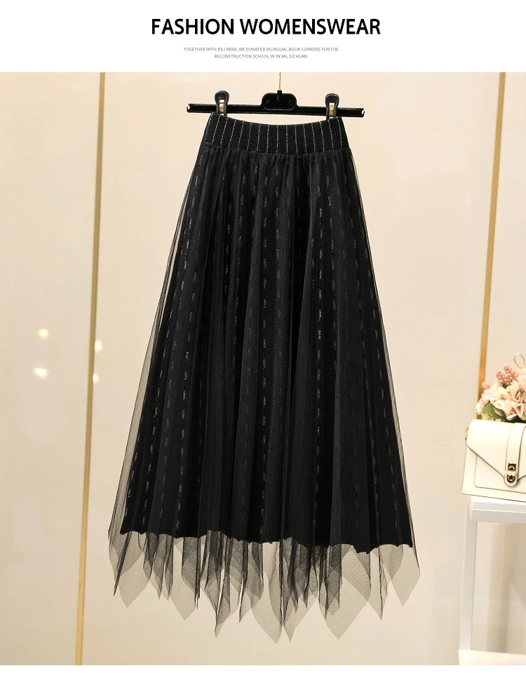 

2020 Autumn and Winter Women Mesh Knitted Long Skirt High Waist Skirts Jupe Femme Tulle Skirt Saia Midi Faldas