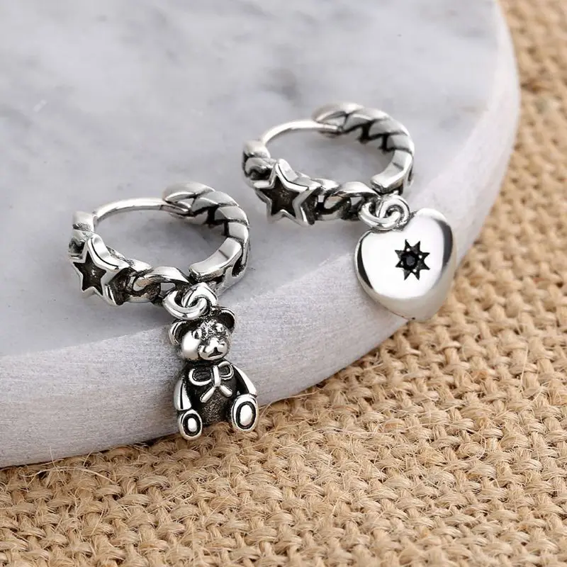 

Bear Love Heart Long Tassel Asymmetric Hoop Drop Earrings Minimalis Jewerly E56A