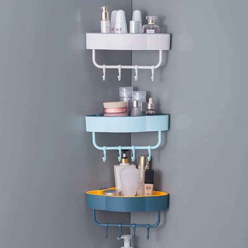 

Настенный стеллаж для ванной комнаты, самоклеящийся, пластиковый, треугольный, полка для хранения, коробка с крючком, кухонная корзинка для ...