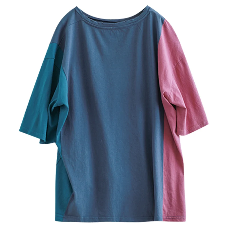 

2021 Summer Loose O Neck T-shirt Women's Embroidery Half Sleeves Tops With Multi Color Contrast Tees Comfortable Tshirt