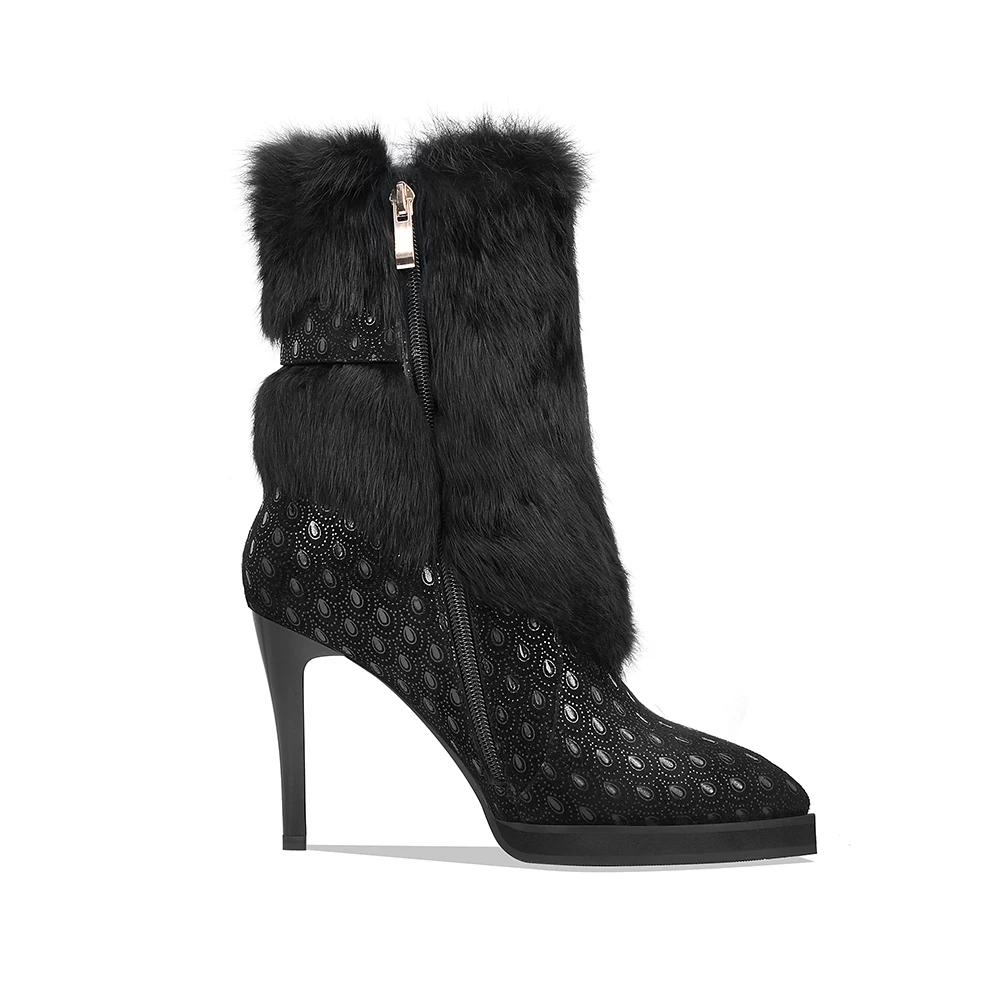 Женские ботильоны из натуральной бычьей кожи Зимние на высоком каблуке с острым