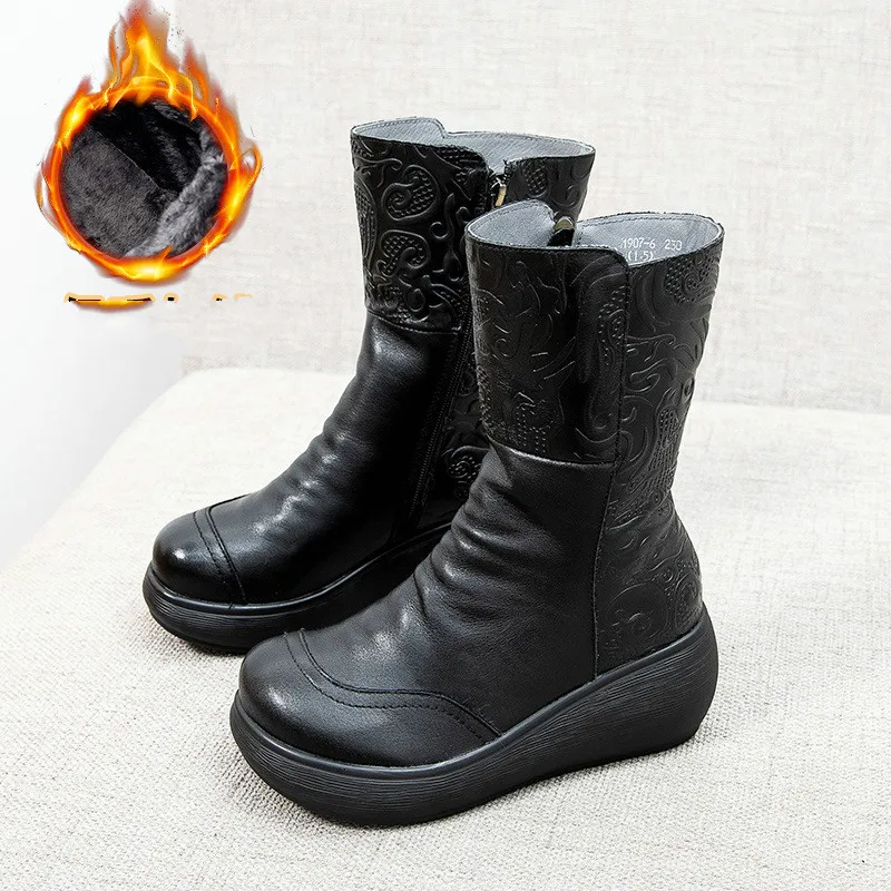 

YourSeason Ladies Warm Genuine Leather Zip Wedges Boots Round Toe Sewing Handmade Concise Casual Platform Women Winter Shoes