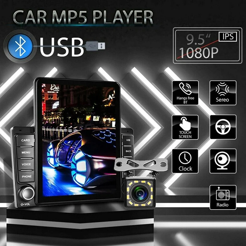 

Автомагнитола 2 Din, MP5-плеер с 9,5 дюймовым контактным экраном, FM-радио для Apple/Android CarPlay Mirror Link Navi + 8 светодиодных камер