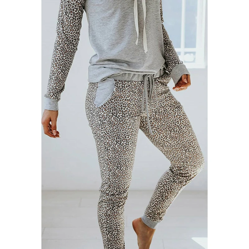 

2020 Gray Leopard Print Hoodie And Joggers Two Piece Set Chandal Mujer Invierno Women Dresy Damskie Vetement Femme Clothes XL