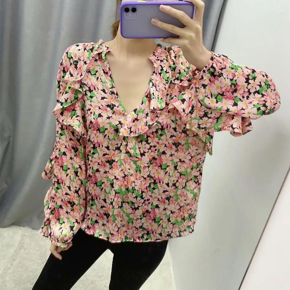 Женская блузка с v-образным вырезом Повседневная Блузка принтом и оборками