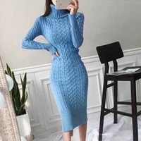 2021 winter thicken turtleneck sweater maxi dresses women bodycon knitted solid color dress female knitwear vestidos