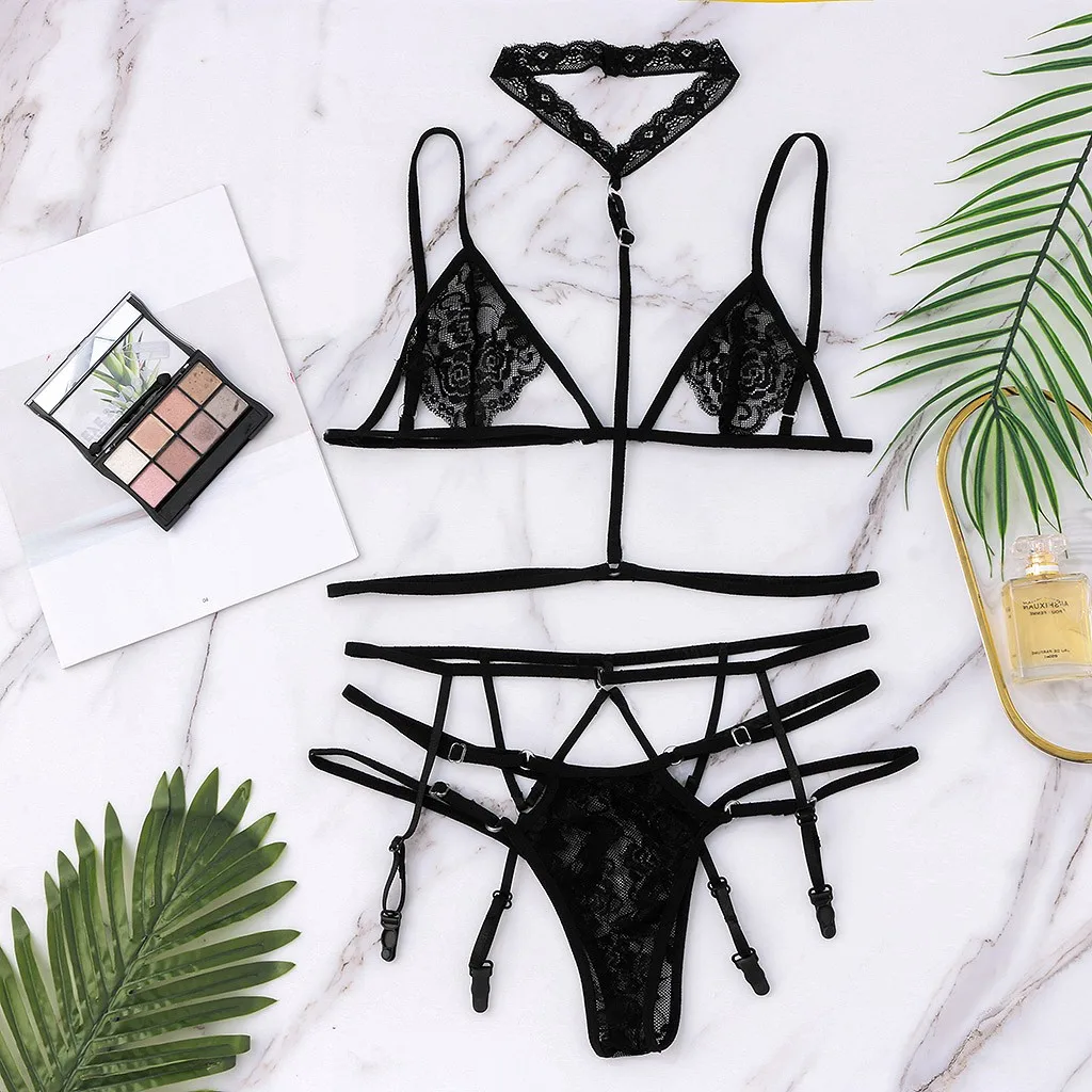 Сексуальное нижнее белье женский сексуальный кружевной комплект из 3 предметов с