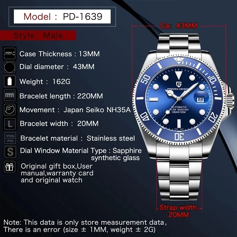 

PAGANI DESIGN Men's Luxury Mechanical Watch Top Brand Sapphire Glass Stainless Steel Waterproof Watch Business Automatic Watches