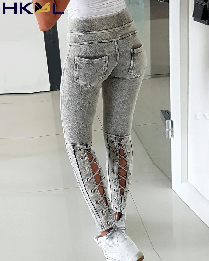 

Новинка 2021, осенне-весенние женские джинсы, однотонные повседневные обтягивающие джинсы на шнуровке, длинные брюки, леггинсы