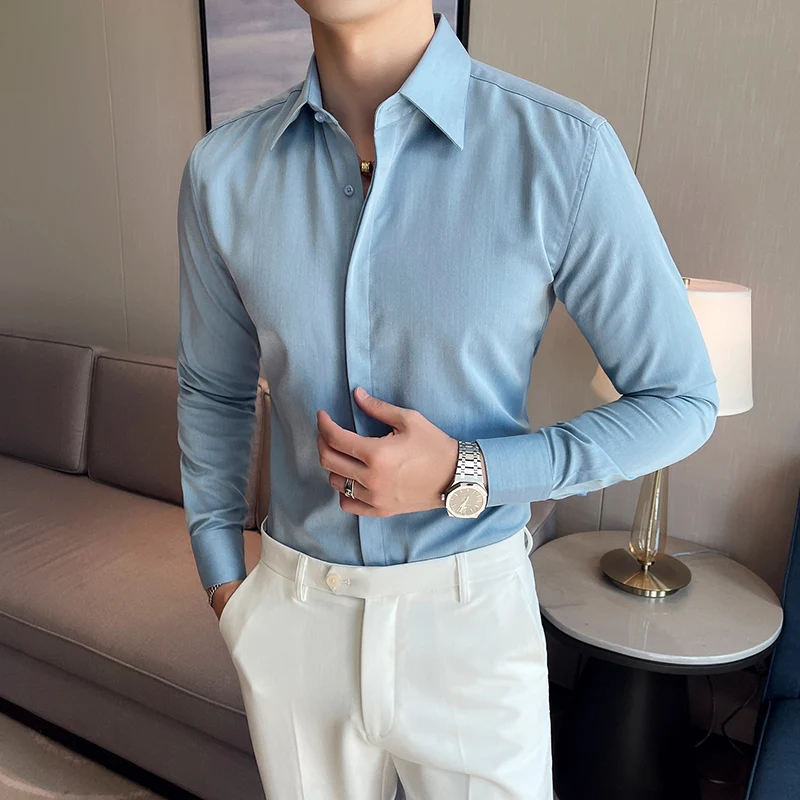 

Однотонная мужская рубашка с длинным рукавом, приталенная деловая формальная рубашка в британском стиле, Повседневные Вечерние мужские см...