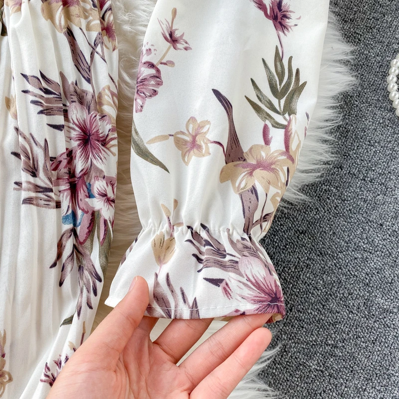 

New Arrival 2021 Vacation Dress Women Fashion Long Sleeve Flower Print Pleated Dress Elegant Woman Midi Holiday Dress
