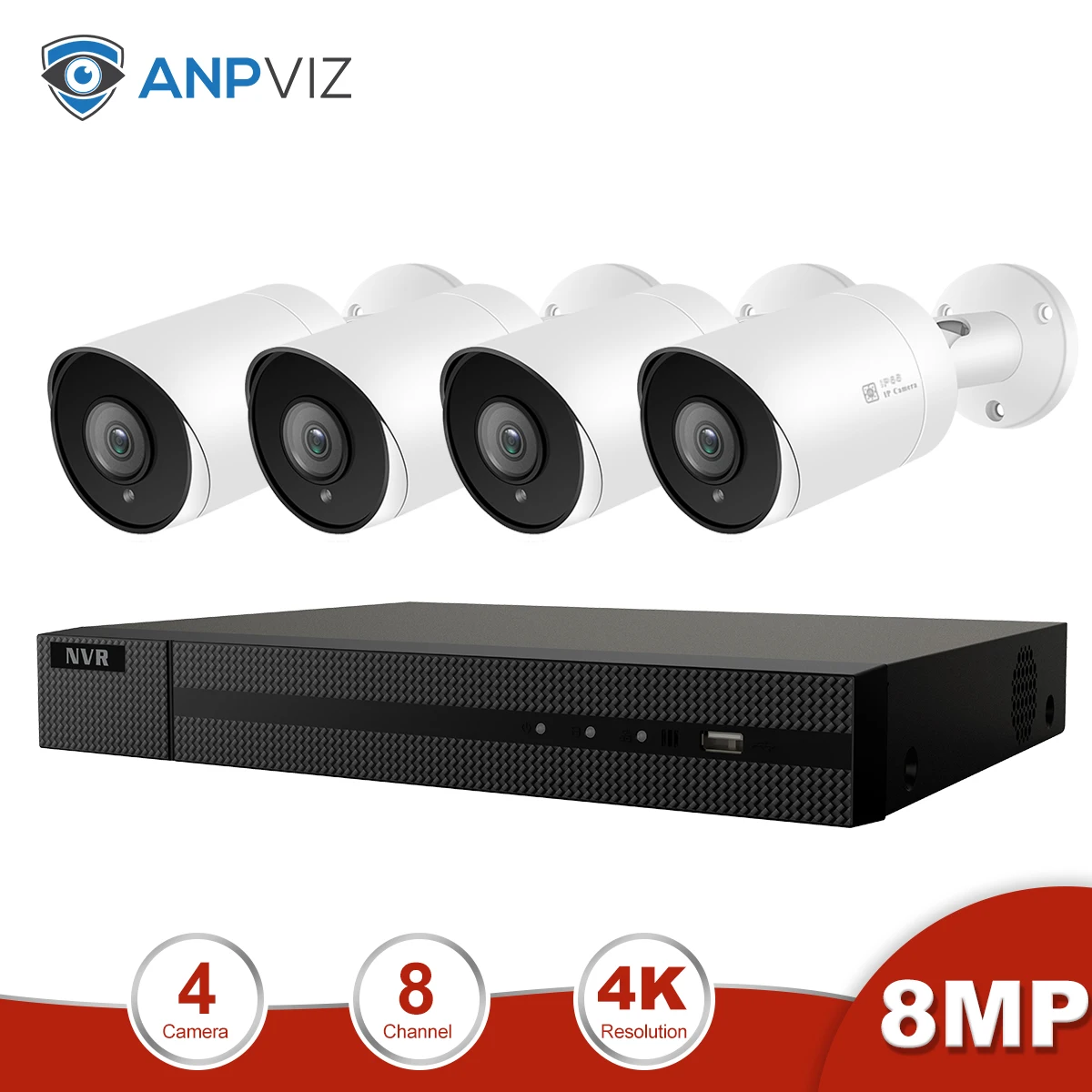 4 Bullet Cams Kit Anpviz 8CH 4K NVR 8MP цилиндрическая PoE Комплект ip-камеры для дома/улицы системы безопасности CCTV комплекты видеонаблюдения NVR - Цвет: 4 Bullet Cams Kit