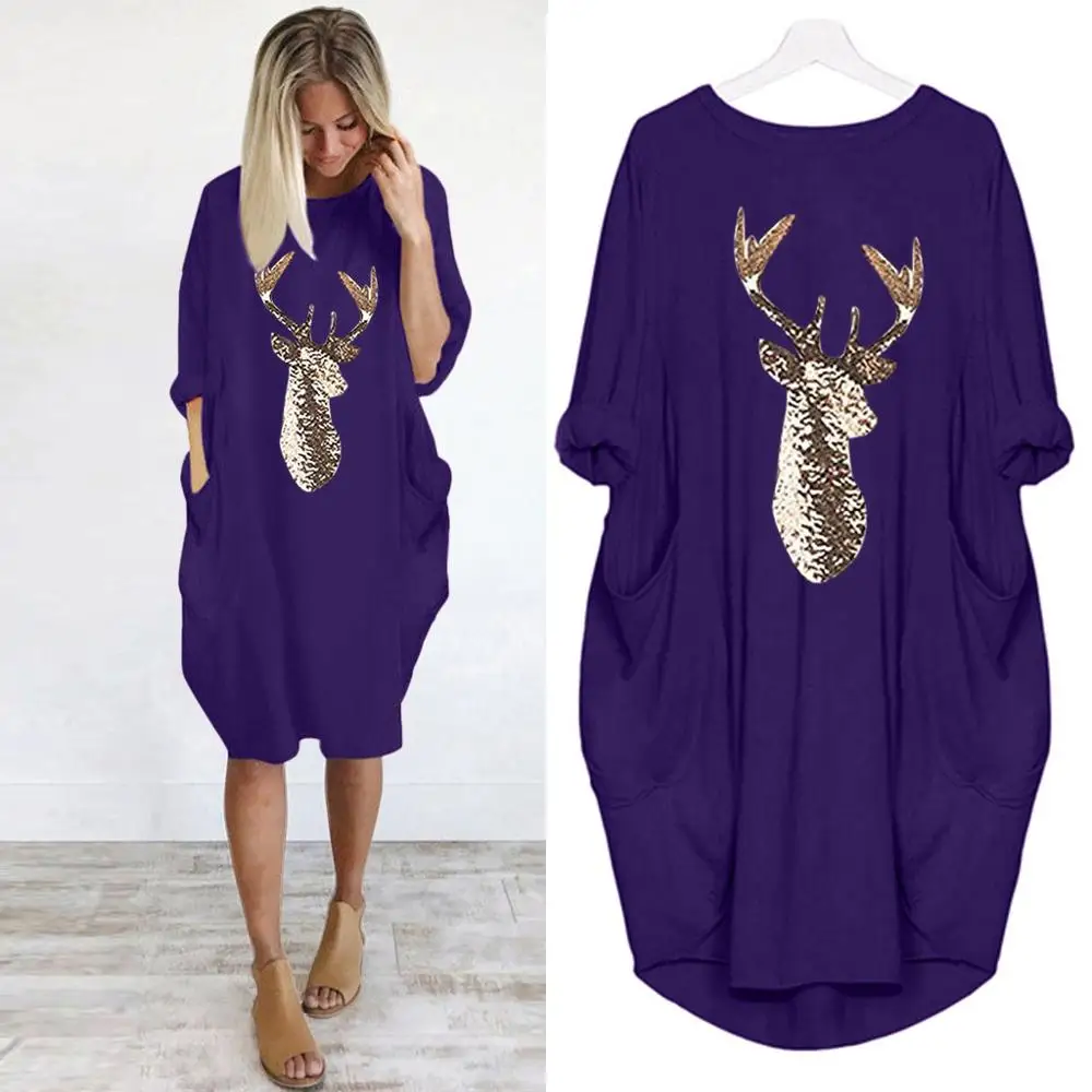 Large Size Women Casual Dresses Fashion O Neck Long Sleeve Chrismess Elk Printed Pocket Autumn Winter Loose T-shirt Dress Female | Женская