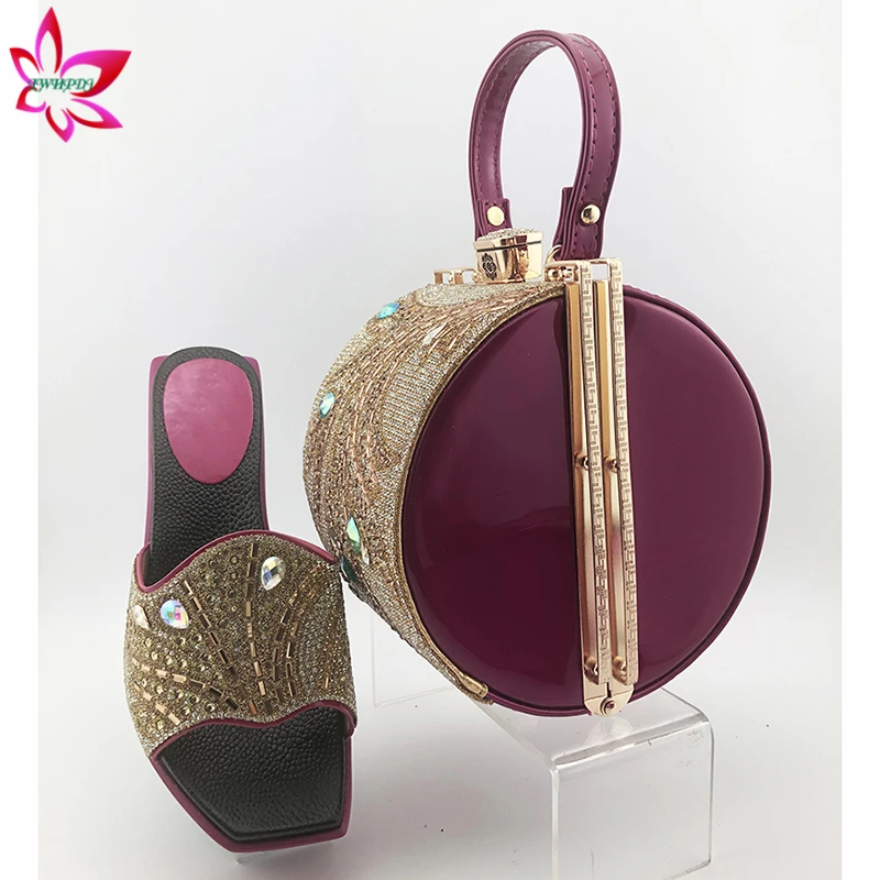 

2020 Summer New Arrivals African Women High Quality Shoes and Nice Bag to Match Mature Style Super High Slipper in Purple Color