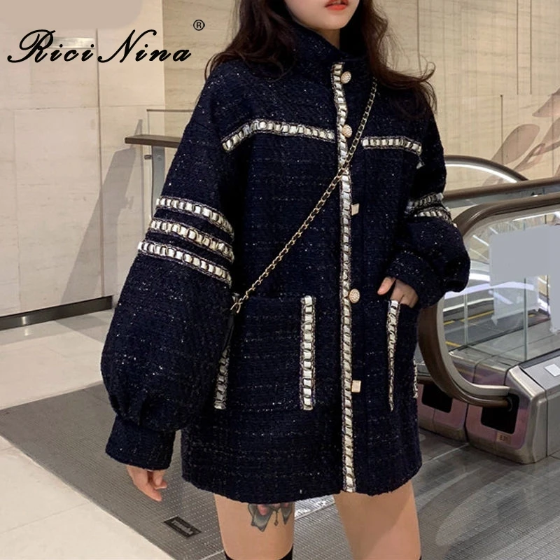 RICININA Женская куртка зимние шерстяные пальто 2019 пуговиц карманы пэчворк большие
