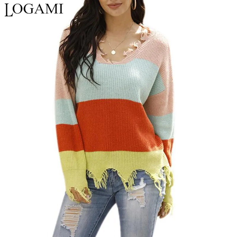 

LOGAMI V-neck Stripes Stitching Contrast Color Sweater Women Ripped Knitwear Autumn Winter Casual Pullovers