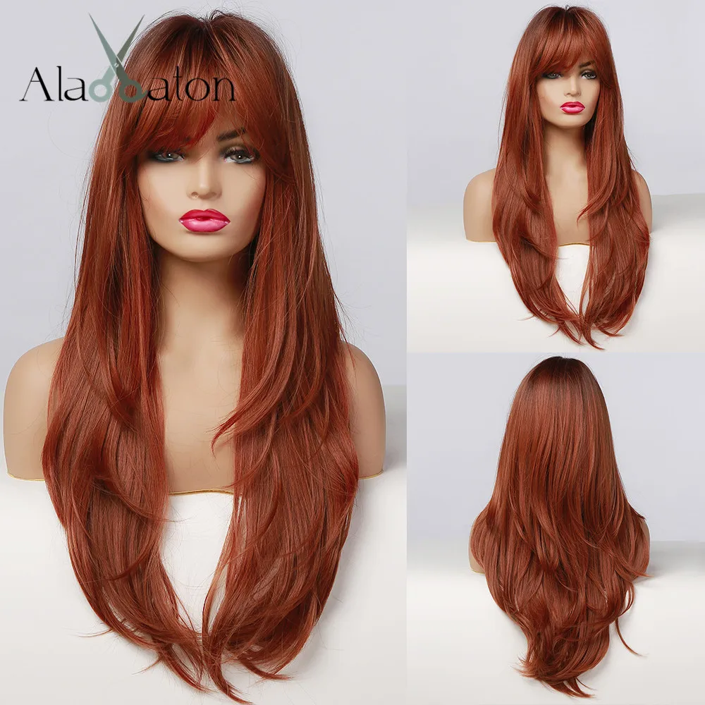 

ALAN EATON Long Layered Straight Ombre Red Brown Synthetic Wigs for Women Copper Ginger Hair Wig with Bangs Heat Resistant Fiber