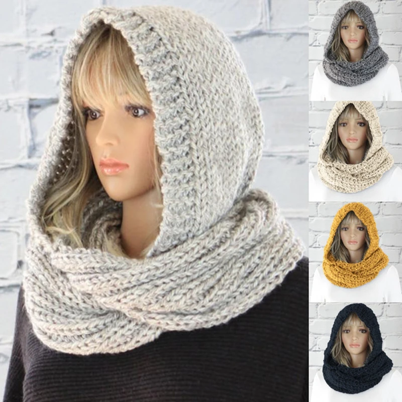 

5 Colors Women's Autumn Winter New Style Knit Hooded Scarf Thick Warm Solid Color Knitted Scarf