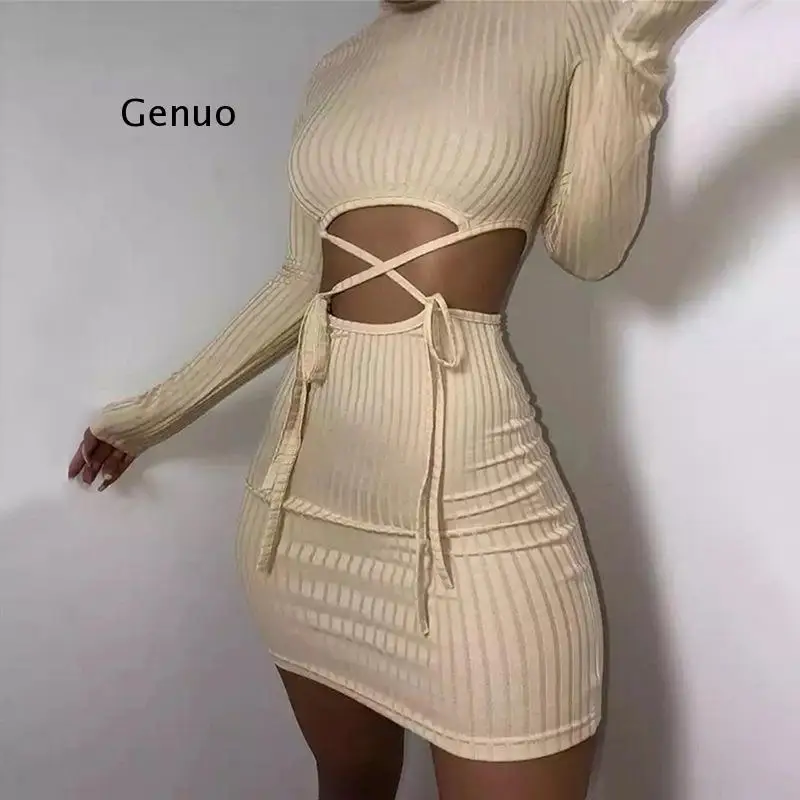 

Ribbed Hollow Out O Neck Drawstring Dress For Women Solid Long Sleeve Mini Dresses Skinny Partywear Female Vestidos