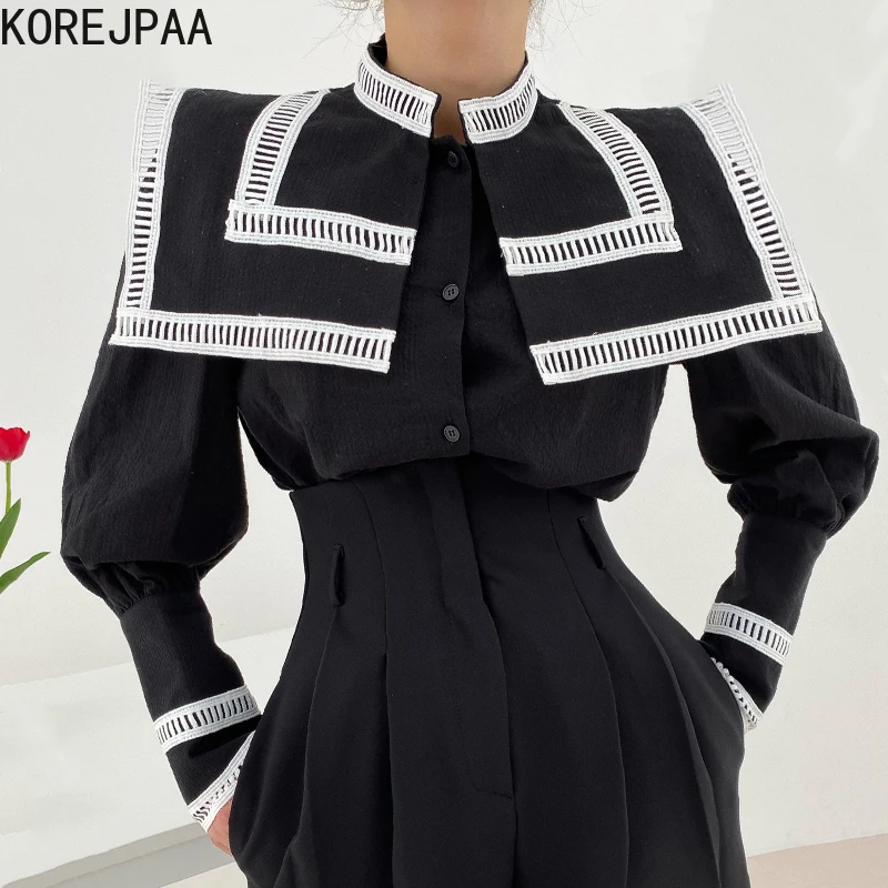 

Korejpaa Autumn Retro Women Blouses Korea Chic Elegant Turn-down Collar Patchwork Color Contrast Button Up Puff Sleeve Shirt New