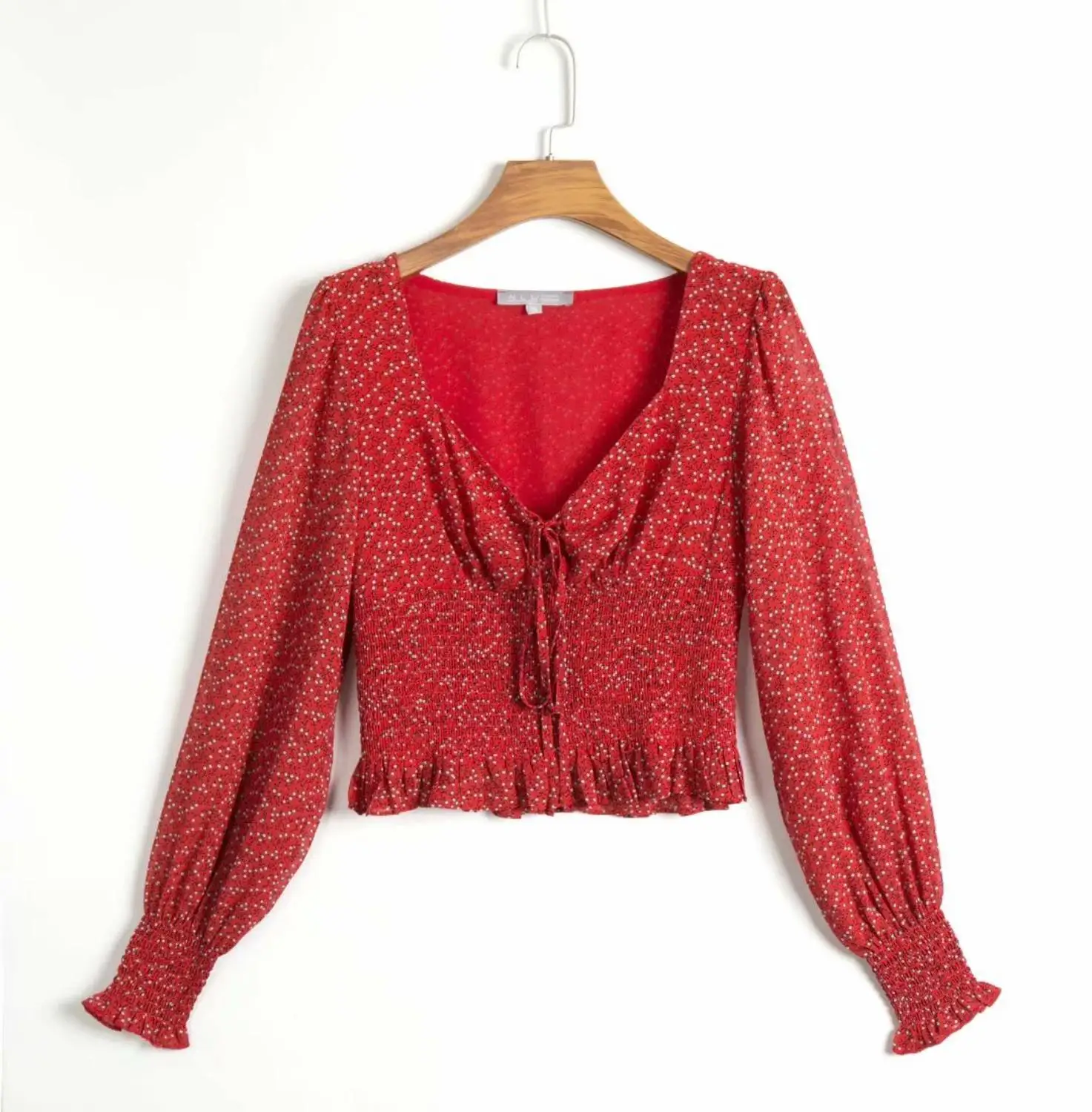 N317 red 1209 Bazaleas шикарный зеленый цветочный принт blusas mujer de moda эластичная талия оборки блузка женская мода укороченный топ дропшиппинг - Цвет: N317 red 1209