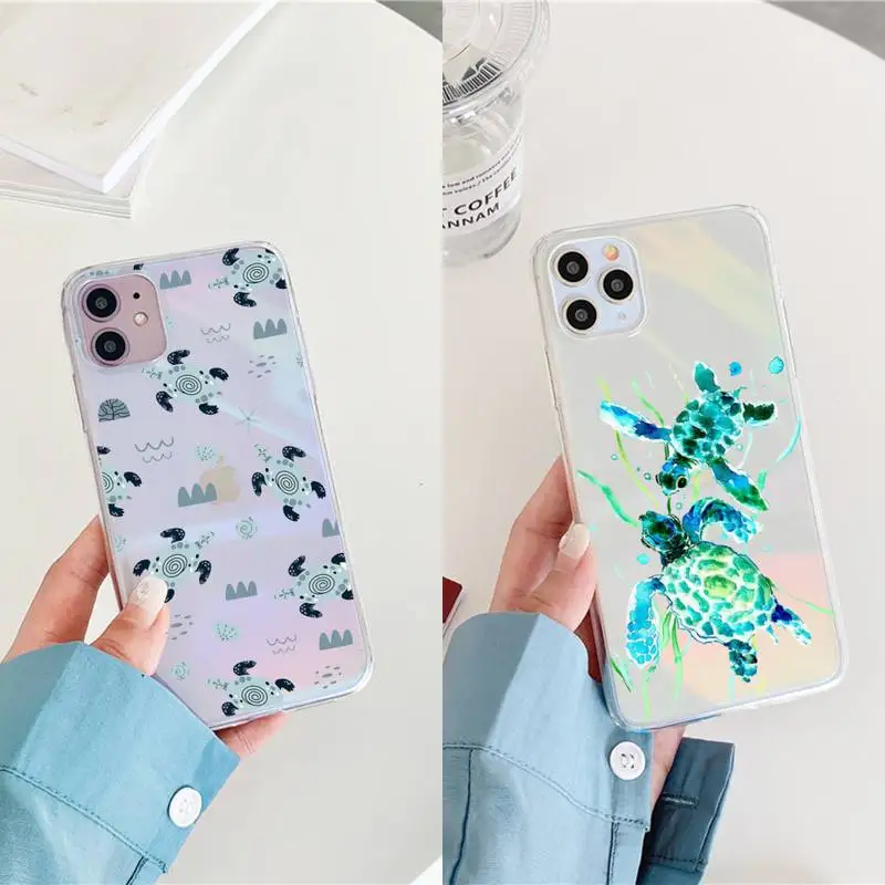 

Cute Cartoon Turtle Phone Case for iPhone huawei P 7 8 9 11 12 10 30 40 S X XS XR MINI Pro Max Plus laser Transparent Shell Cove