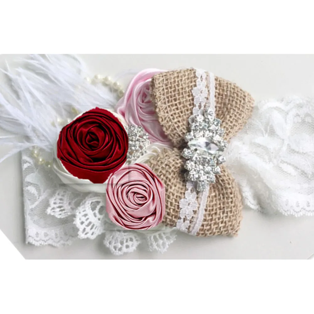 

12Pcs/Lot Boutique Crystal Linen Silk Rose Flower Baby Headband Feather Lace Pearl Hair Band for Baby Girl Hair Accessories