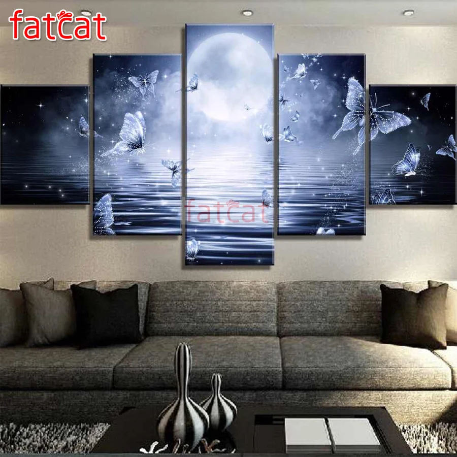 FATCAT-pintura con diamantes de imitaci&oacute;n para decoraci&oacute;n del hogar, mosaico bordado con dise&ntilde;o de Luna, mariposa y animales, decoraci&oacute;n para el hogar, 5 piezas, AE2508-0
