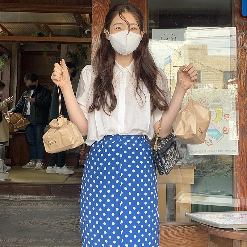 

Korejpaa Women Set 2021 Summer Korean Chic Small All-Match Lapel Loose Puff Sleeve Shirt High Waist Polka Dot Split Hip Skirts