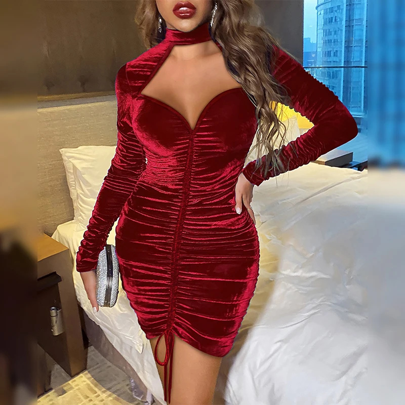 

Evening Wear Woman Velvet Mock Neck Cutout Drag Pichi Corduroy Ruched Drawstring Dress Bodycon Tight Gowns Party Winter Holiday