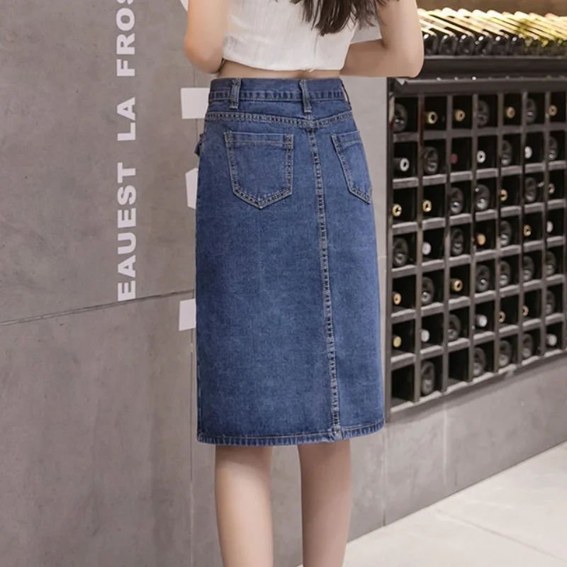 Женские летние однобортные джинсовые юбки до колена размера плюс размеры S M L XL 2XL