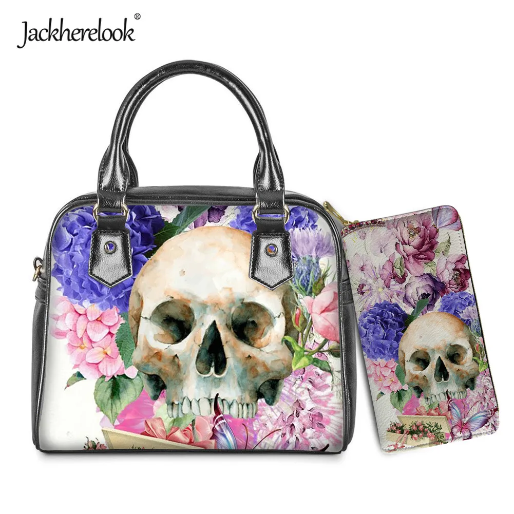 

Jackherelook Skull Floral Design Luxury PU Hand Bag for Women Cross Body Bag Clutch Wallet 2pcs/Set for Lady Female Tote Bag
