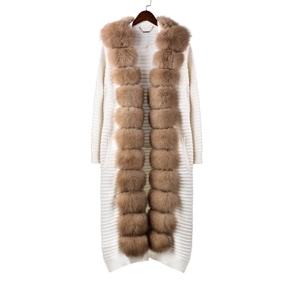 YC032-5 Tatiana Furclub Модное темно-серое трикотажное пальто с поясом зимнее пальто из натурального меха женское тонкое вязаное с лисьим меховым воротником длинное пальто - Цвет: YC032-5