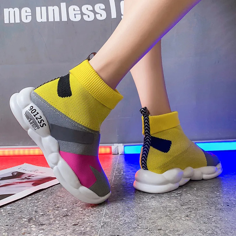 Spring Boots Shoes Woman Flats Sock Elastic Lightweight Shoes Casual Female Colorful Knit Sock Summer Mix Color Shoes