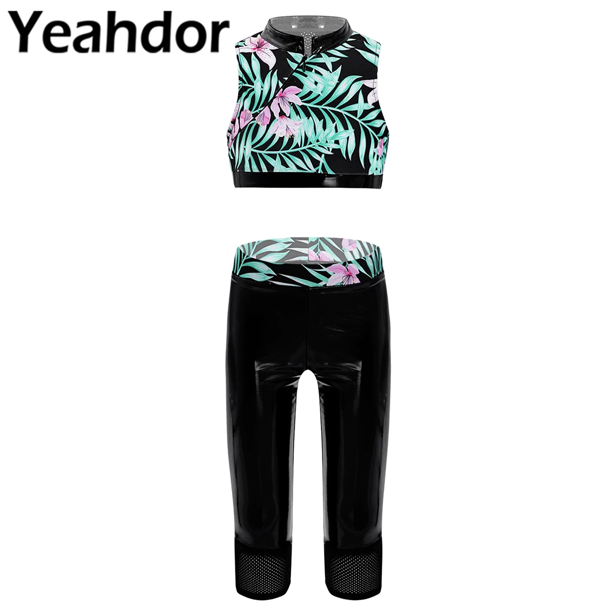 

2Pcs Kids Girls Children Sport Outfit Stand Collar Sleeveless Slant Zipper Closure Print Crop Vest and Calf-length Pants Set