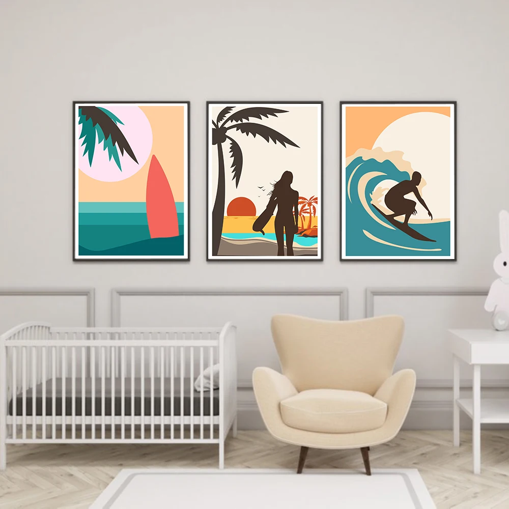

Summer Seascape Art Prints Hawaii Surf Board Ocean Wall Art Pictures Canvas Painting Sunset Wave Vintage Beach Poster Home Decor