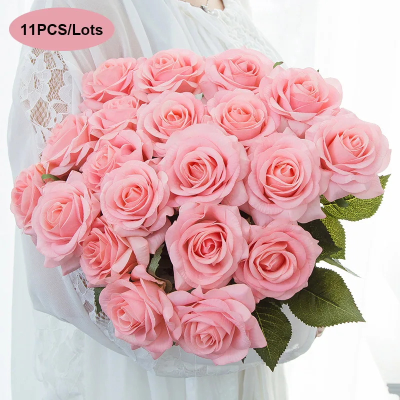 

11pcs/Lots Artificial Flowers Rose Branch Fake Plant Floral Pink Champagne Red Rose Silk Bouquet For Home Decor Wedding Table