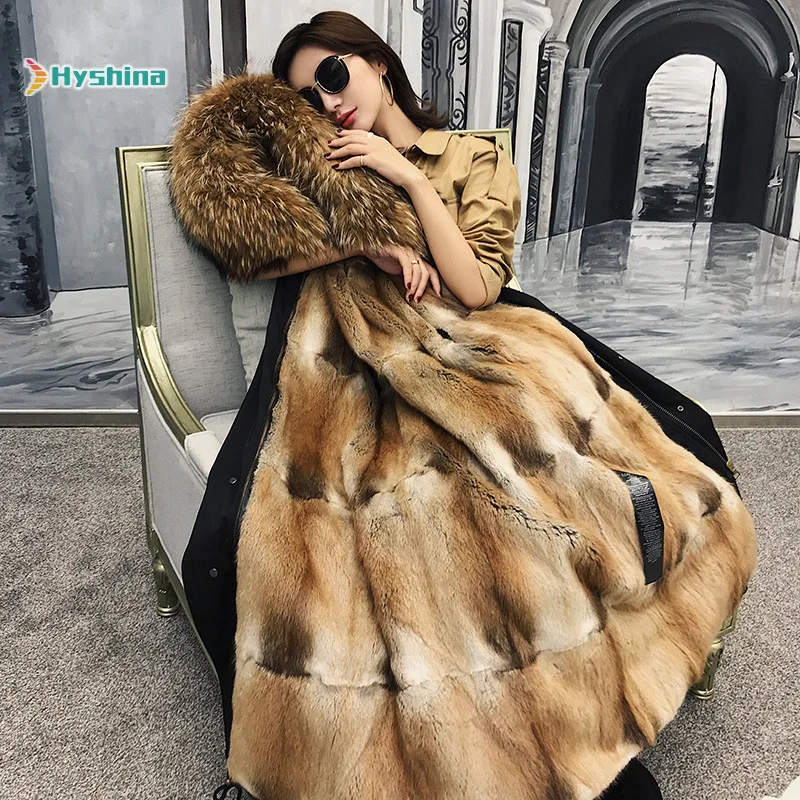 

Women's Real Mink Pur Parker Fur Coat Large Collar Long Coat Large Size M-XXXL