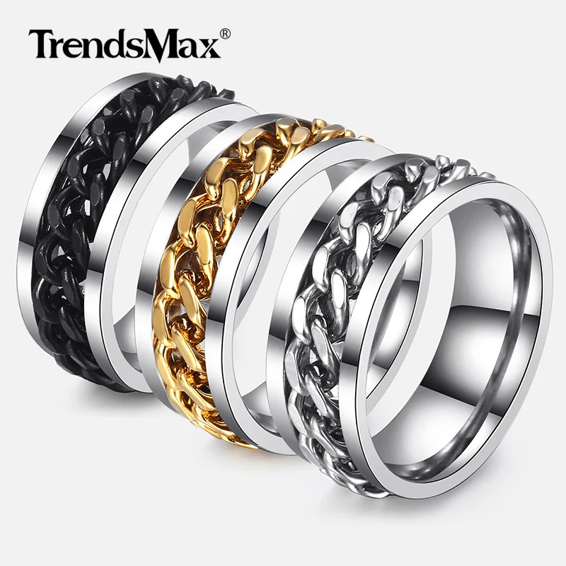 

Trendsmax Men's Ring Punk Rock Accessories Stainless Steel Black Chain Spinner Rings For Men Jewelry 3 Color USA Size 7-12 KRM30