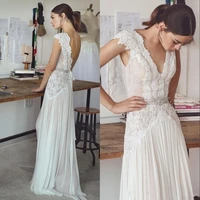 2019 boho lace beach wedding dress sexy v neck backless vestido de noiva short sleeve chiffon sashes wedding dresses