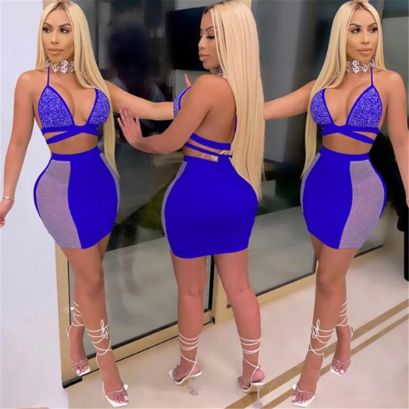 

Women Sexy Hot Sale Diamond Two Piece Set Clubwear Halter Neck Back Cross Tie Up Crop Top + Fishnet Hollow Splice Bodycon Skirts