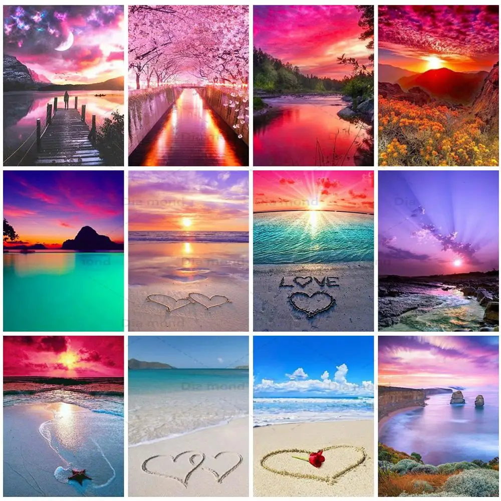 Алмазов картина пляж Закат камни в форме ромба/круглый Приморский Вышивка